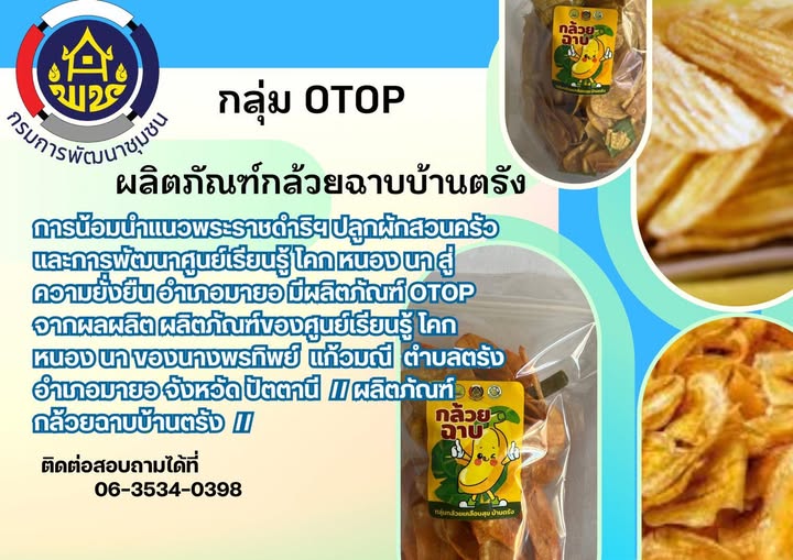 การน้อมนำแนวพระราชดำริฯ ปลูกผักสวนครัว และการพัฒนาศูนย์เรียนรู้ โคก หนอง นา สู่ความยั่งยืน อำเภอมายอ มีผลิตภัณฑ์ OTOP  จากผลผลิต ผลิตภัณฑ์ของศูนย์เรียนรู้ โคก หนอง นา ของนางพรทิพย์ แก้วมณี ตำบลตรัง อำเภอมายอ จังหวัด ปัตตานี // ผลิตภัณฑ์ กล้วยฉาบบ้านตรัง //