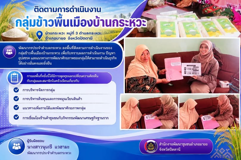 ติดตามการดำเนินงานกลุ่มข้าวพื้นเมืองบ้านกระหวะ  บ้านกระหวะ หมู่ที่ 3 ตำบลกระหวะ อำเภอมายอ จังหวัดปัตตานี